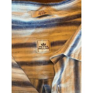 Peter Millar Mens Shirt Large Blue White Short‎ Sleeve Striped Casual Button Up